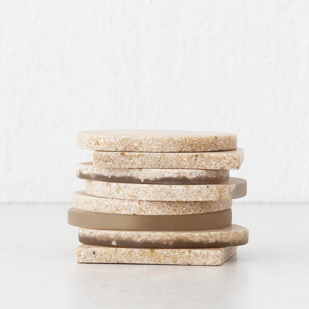 BARLETTA RESIN COASTER  |  SET OF 8  |  SANDY DUNE + TERRAZZO WHITE