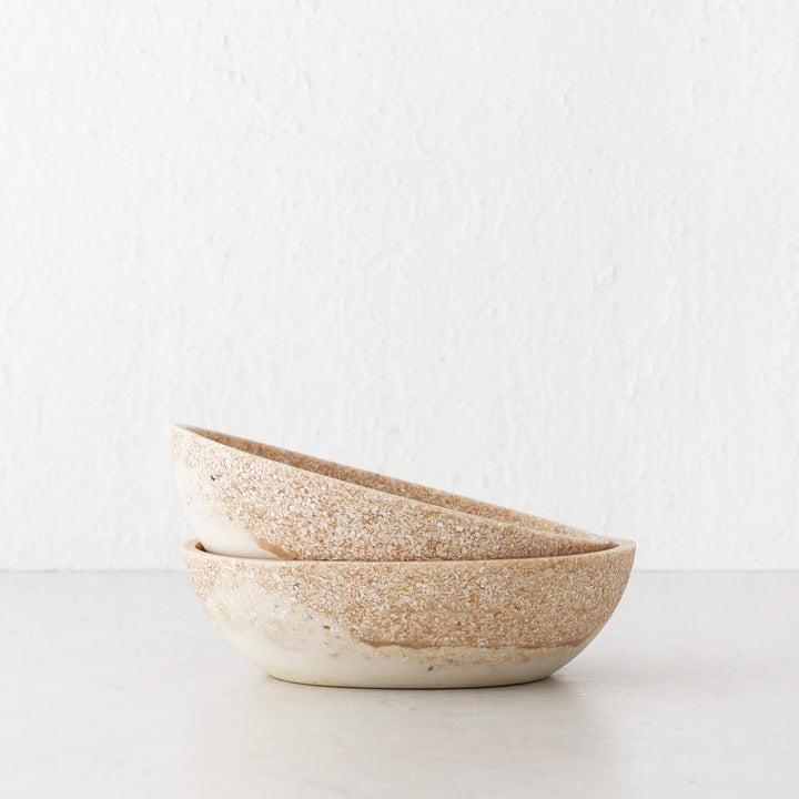 BARLETTA ROUNDED RESIN SERVING BOWL BUNDLE X2  |  MEDIUM 20CM  |  SANDY DUNE + TERRAZZO WHITE RESIN