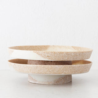 BARLETTA ROUND FOOTED SERVING PLATTER BUNDLE X2  |  LARGE 34CM  |  SANDY DUNE + TERRAZZO WHITE RESIN