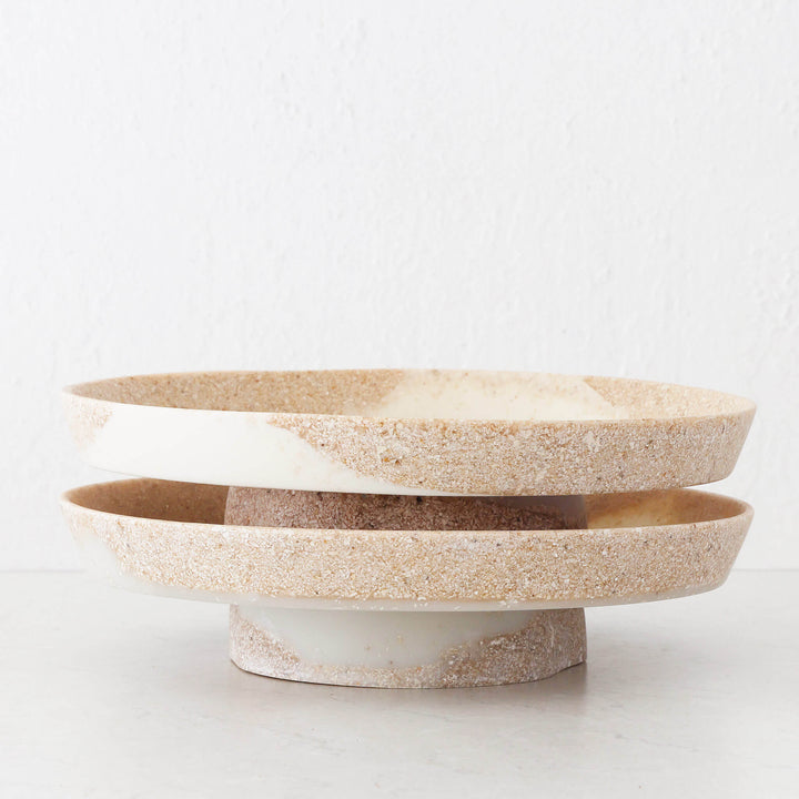BARLETTA ROUND FOOTED SERVING PLATTER BUNDLE X2  |  LARGE 34CM  |  SANDY DUNE + TERRAZZO WHITE RESIN