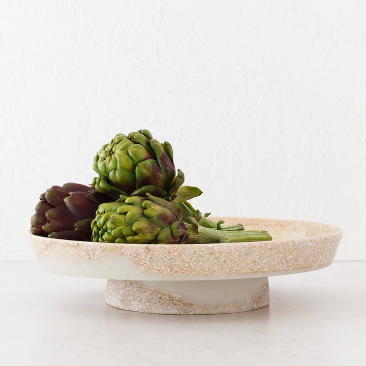 BARLETTA ROUND FOOTED SERVING PLATTER  |  LARGE 34CM  |  SANDY DUNE + TERRAZZO WHITE RESIN