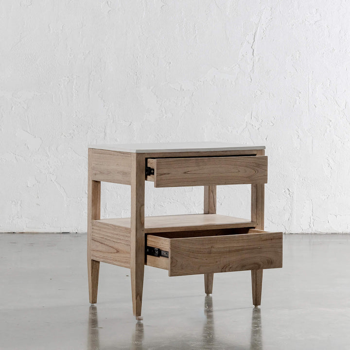 BASILIO CONRAD NIGHTSTAND DRAWERS OPEN  |  NATURAL ASH + BIANCO CIMENT