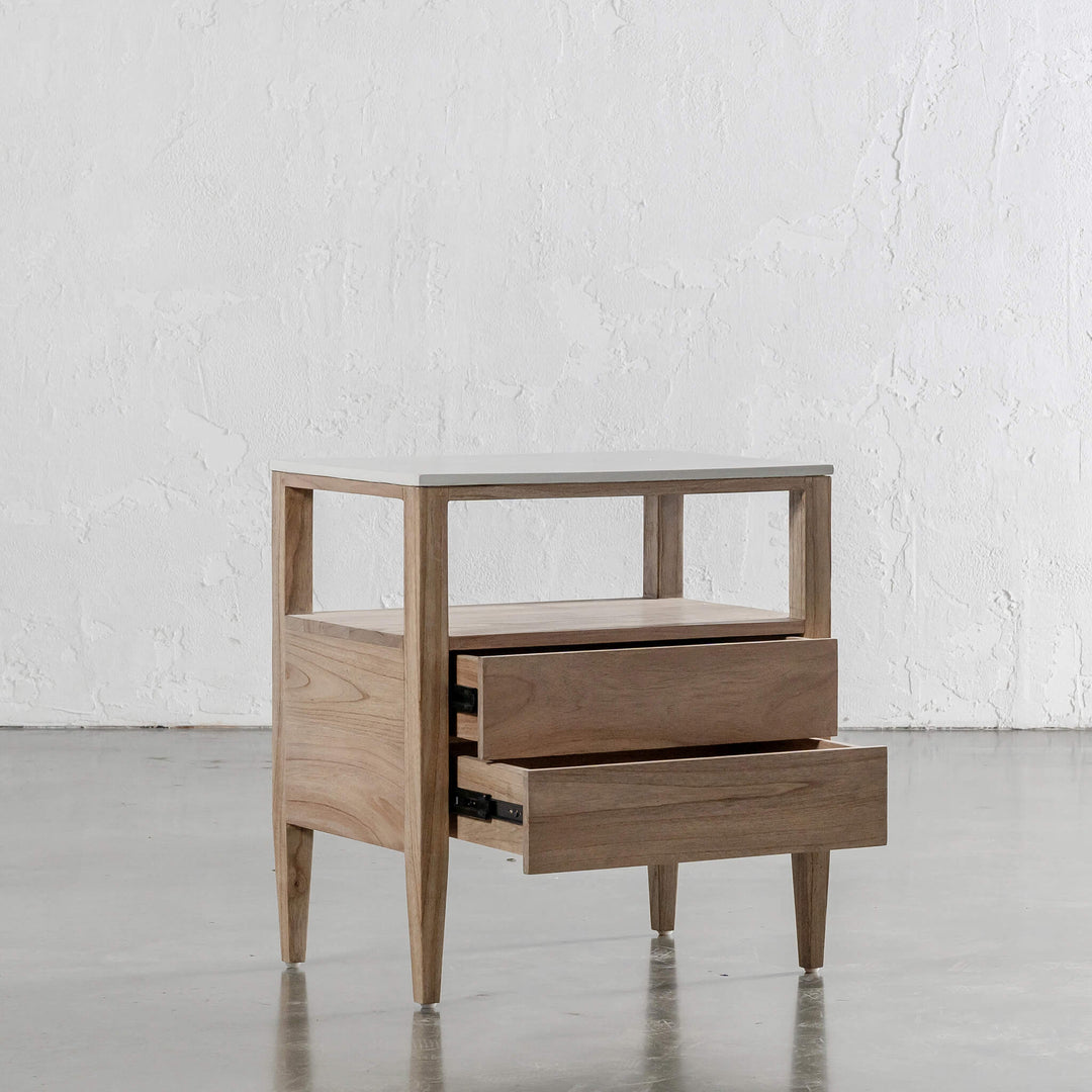 BASILIO JARDIN NIGHTSTAND DRAWERS OPEN  |  NATURAL ASH + BIANCO CIMENT