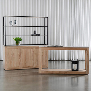 BASILIO 150CM CONSOLE TABLE + 3 DOOR BOOKSHELF | NATURAL ASH + BIANCO CIMENT
