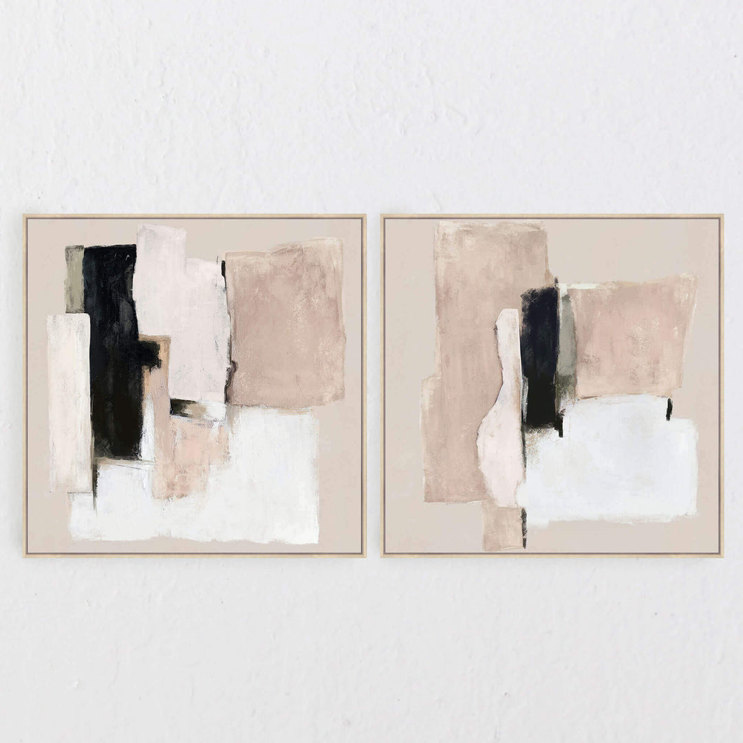 BASSANO FRAMED TEXTURED PRINT ON HESSIAN  |  SET OF 2  |  100X100CM  |  SAND + BLACK + WHITE  |  NATURAL BAMBOO FRAME