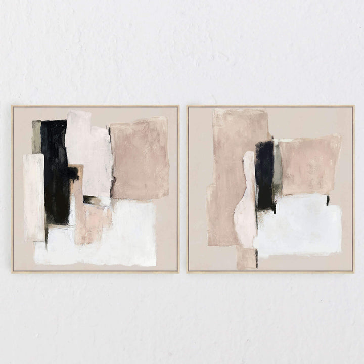 BASSANO FRAMED TEXTURED PRINT ON HESSIAN  |  SET OF 2  |  100X100CM  |  SAND + BLACK + WHITE  |  NATURAL BAMBOO FRAME