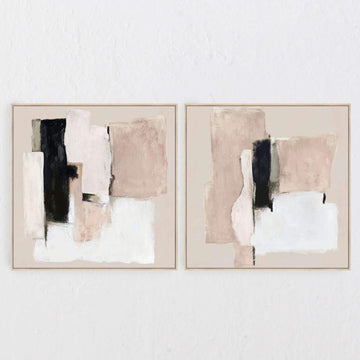 BASSANO FRAMED TEXTURED PRINT ON HESSIAN  |  SET OF 2  |  100X100CM  |  SAND + BLACK + WHITE  |  NATURAL BAMBOO FRAME