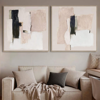 BASSANO FRAMED TEXTURED PRINT ON HESSIAN  |  SET OF 2  |  100X100CM  |  SAND + BLACK + WHITE  |  NATURAL BAMBOO FRAME