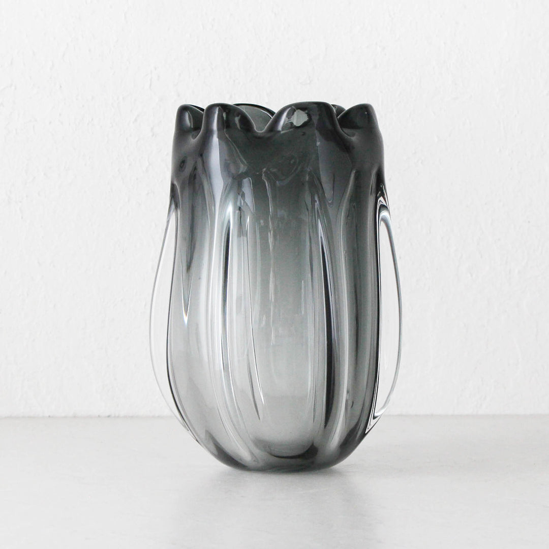 BENOIT TULIP HAND BLOWN VASE  |  BLACK + CLEAR GLASS  LARGE