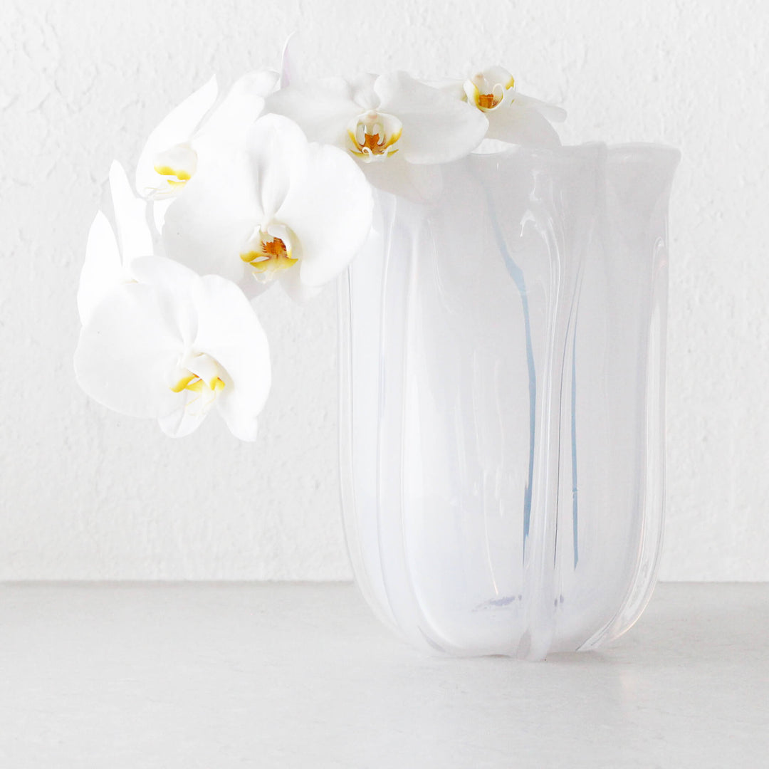 BENOIT TULIP HAND BLOWN VASE  |  WHITE + CLEAR GLASS  LARGE