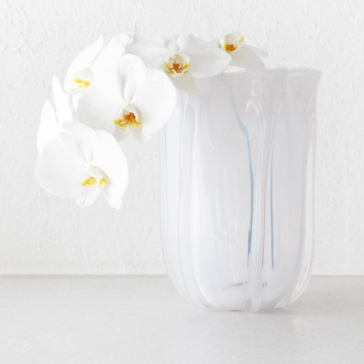 BENOIT TULIP HAND BLOWN VASE  |  WHITE + CLEAR GLASS  LARGE