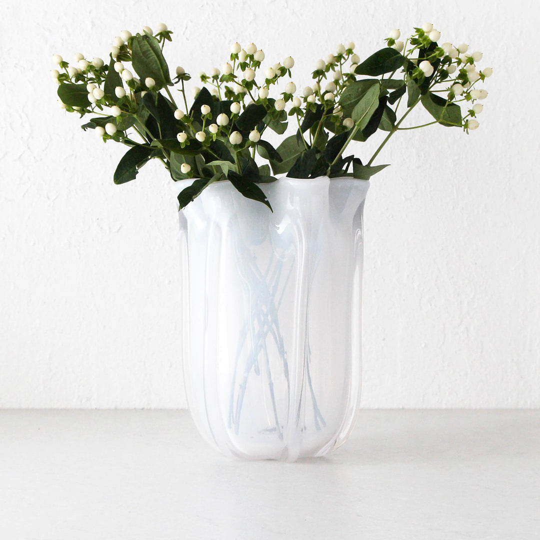 BENOIT TULIP HAND BLOWN VASE  |  WHITE + CLEAR GLASS  LARGE