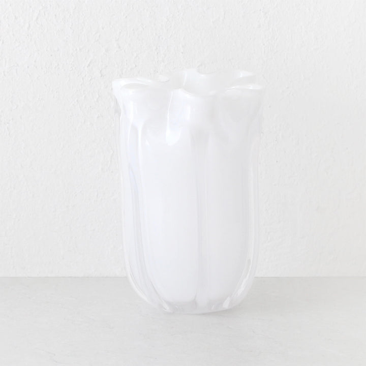 BENOIT TULIP HAND BLOWN VASE  |  WHITE + CLEAR GLASS  LARGE