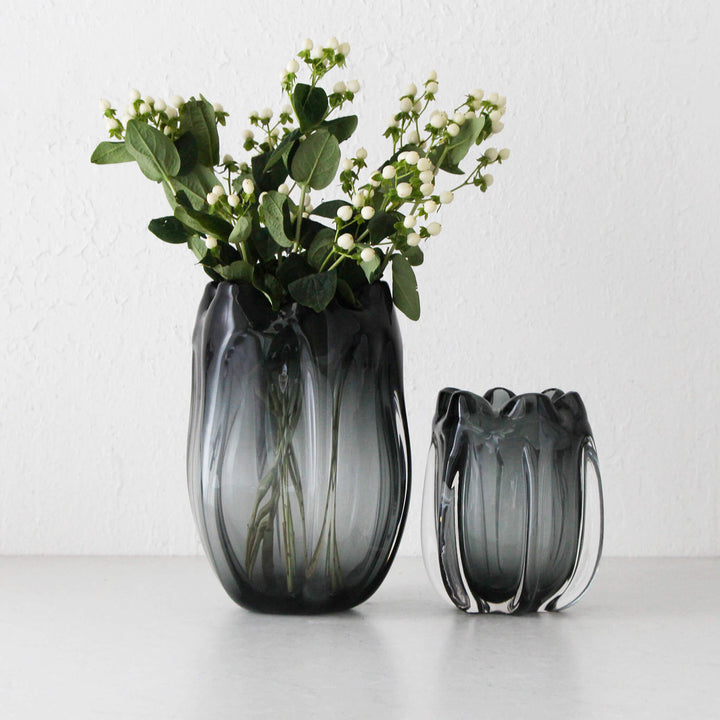 BENOIT TULIP HAND BLOWN VASE  |  BLACK + CLEAR GLASS  LARGE