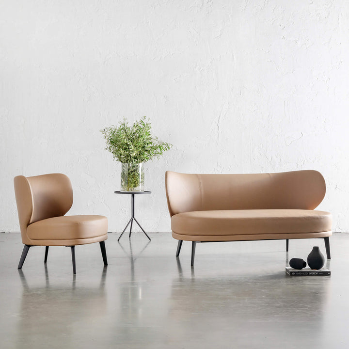 BERGEN MOLENHOEK 2 SEAT SOFA + BERGEN ARMCHAIR  |  CANYON TAN VEGAN LEATHER