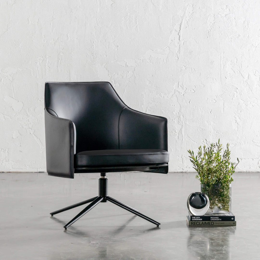 BOLINA MID CENTURY VEGAN LEATHER SWIVEL ARMCHAIR | NOIR BLACK