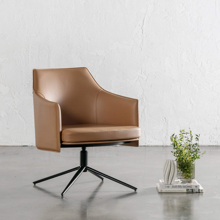 BOLINA MID CENTURY VEGAN LEATHER SWIVEL ARMCHAIR| SADDLE TAN