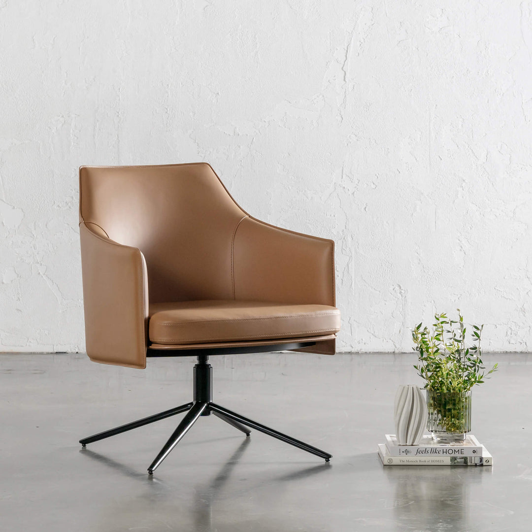 PRE ORDER  |  BOLINA MID CENTURY VEGAN LEATHER SWIVEL ARMCHAIR  |  SAVE 20% ON BUNDLE OF 2  |  SADDLE TAN