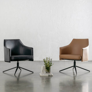 BOLINA MID CENTURY VEGAN LEATHER SWIVEL ARMCHAIR  |  SADDLE TAN + BLACK NOIR