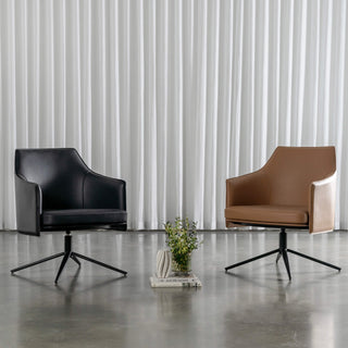BOLINA MID CENTURY VEGAN LEATHER SWIVEL ARMCHAIR  |  SADDLE TAN + BLACK NOIR
