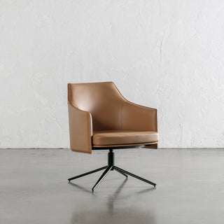 BOLINA MID CENTURY VEGAN LEATHER SWIVEL ARMCHAIR ANGLED  |  SADDLE TAN