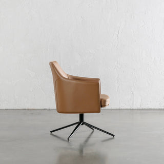BOLINA MID CENTURY VEGAN LEATHER SWIVEL ARMCHAIR SIDE VIEW |  SADDLE TAN