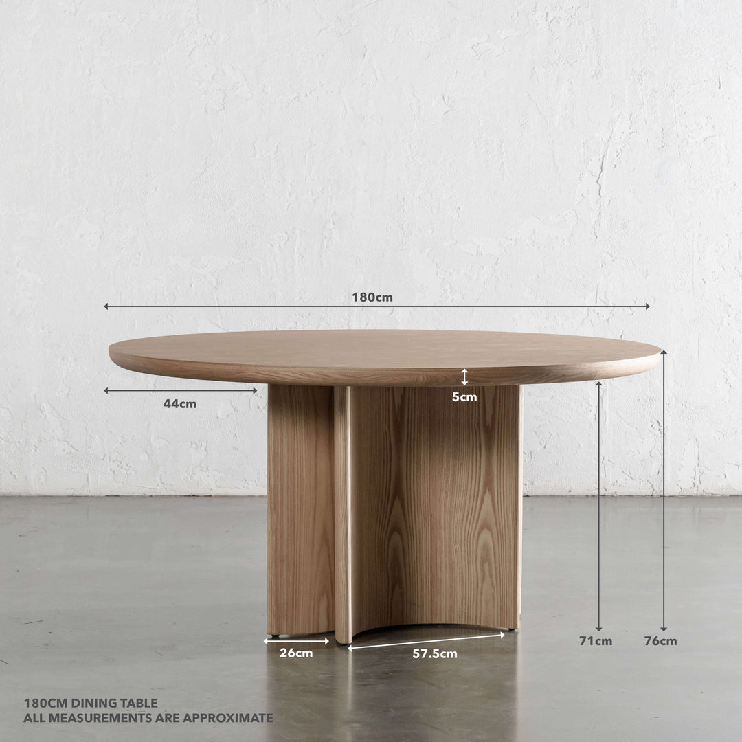 BOLLENE ROUND DINING TABLE  |  180CM  |  BIRCH ASH WOOD GRAIN | MEASUREMENTS