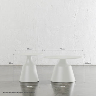 BORGARO CERAMICA OCCASIONAL TABLES | SET OF 2 | GHOST WHITE + ONYX CALCUTTA | MEASUREMENTS