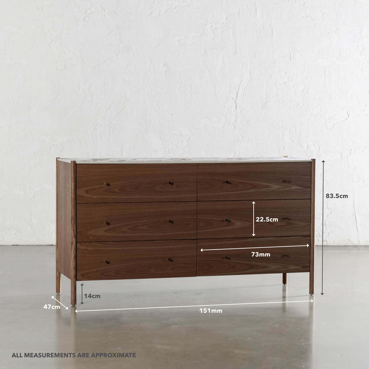 BRANZANO CHEST OF DRAWERS  |  DEEP WALNUT WOOD GRAIN  |  BULGARI MARBLE AUTUMNAL WARM | MEASUREMENTS
