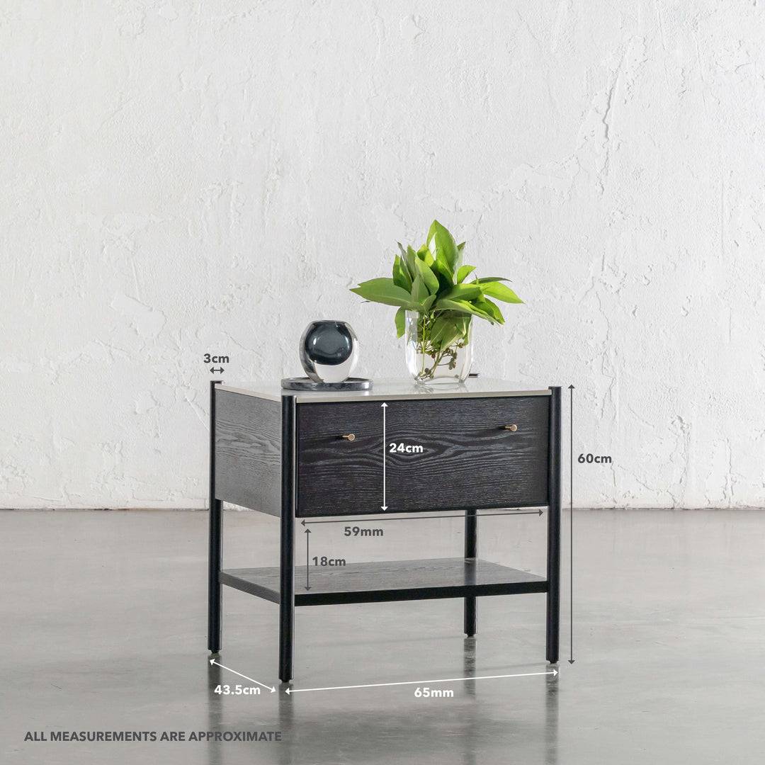 BRANZANO NIGHT STAND  |  BLACK NOIR  |  CARRARA WHITE CERAMIC TOP | MEASUREMENTS
