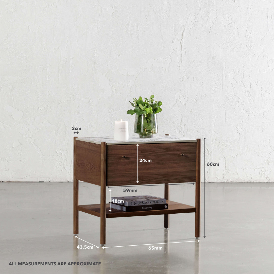 BRANZANO NIGHT STAND  |  DEEP WALNUT  WOOD GRAIN  |  BULGARI MARBLE AUTUMNAL WARM