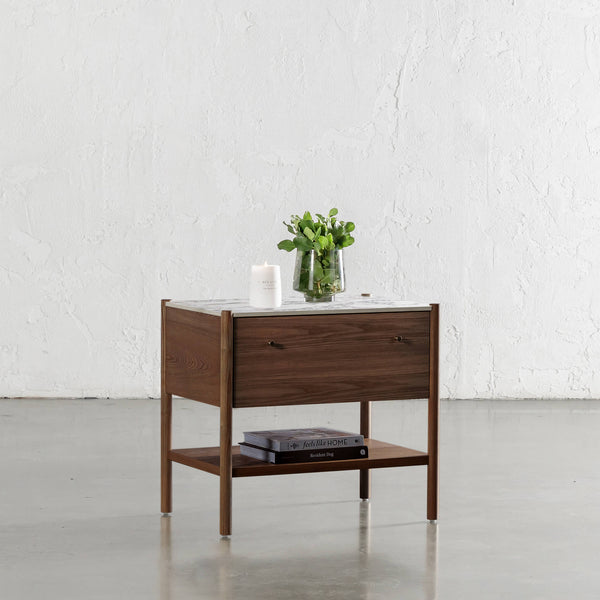 BRANZANO NIGHT STAND  |  DEEP WALNUT  WOOD GRAIN  |  BULGARI MARBLE AUTUMNAL WARM