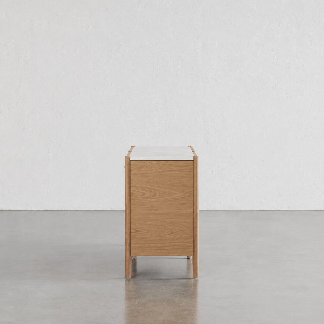 BRANZANO SIDEBOARD  |  BIRCH ASH WOOD GRAIN |  CARRARA WHITE CERAMIC TOP