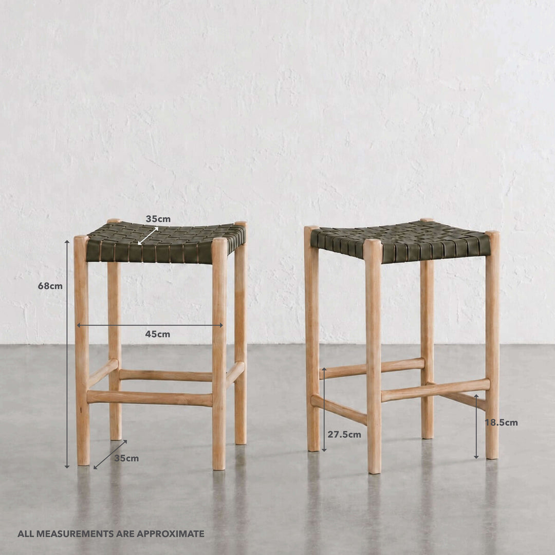 BREDENE WOVEN LEATHER COUNTER STOOL  |  OLIVE MOSS + BLONDE WOOD | MEASUREMENTS