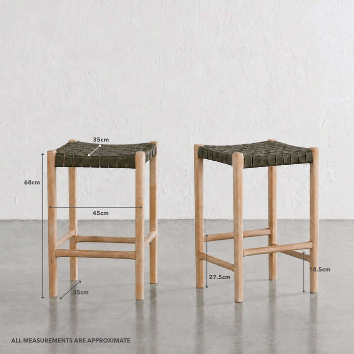 BREDENE WOVEN LEATHER COUNTER STOOL  |  OLIVE MOSS + BLONDE WOOD | MEASUREMENTS