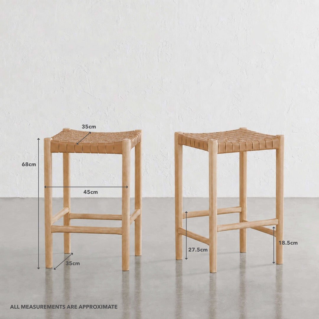 BREDENE WOVEN LEATHER COUNTER STOOL  |  TAUPE STONE + BLONDE WOOD | MEASUREMENTS