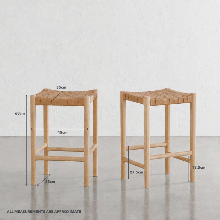 BREDENE WOVEN LEATHER COUNTER STOOL  |  TAUPE STONE + BLONDE WOOD | MEASUREMENTS