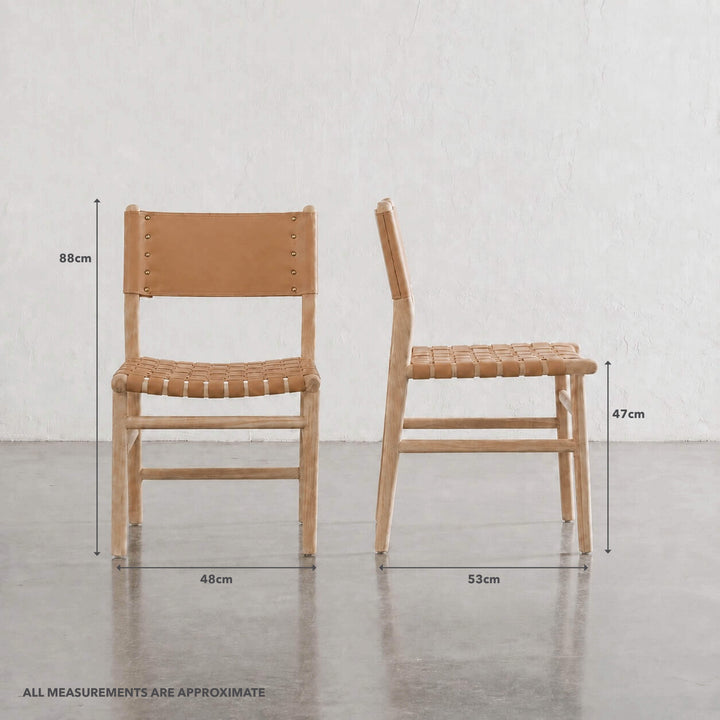 BREDENE WOVEN LEATHER DINING CHAIR  |  TAUPE STONE LEATHER + BLONDE WOOD | MEASUREMENTS