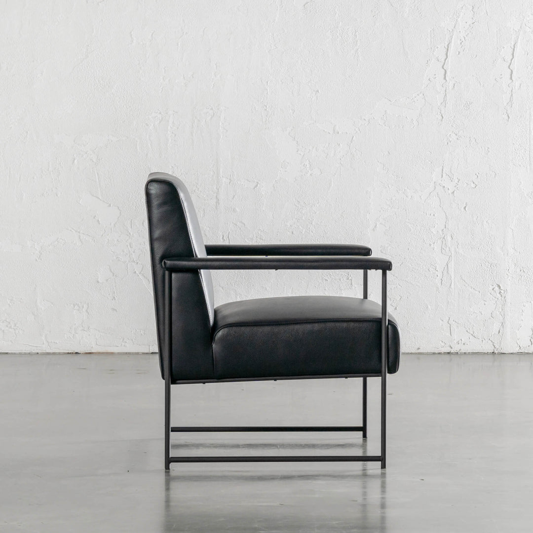 BRESSON LEATHER ARMCHAIR SIDE VIEW |  NOIR BLACK LEATHER