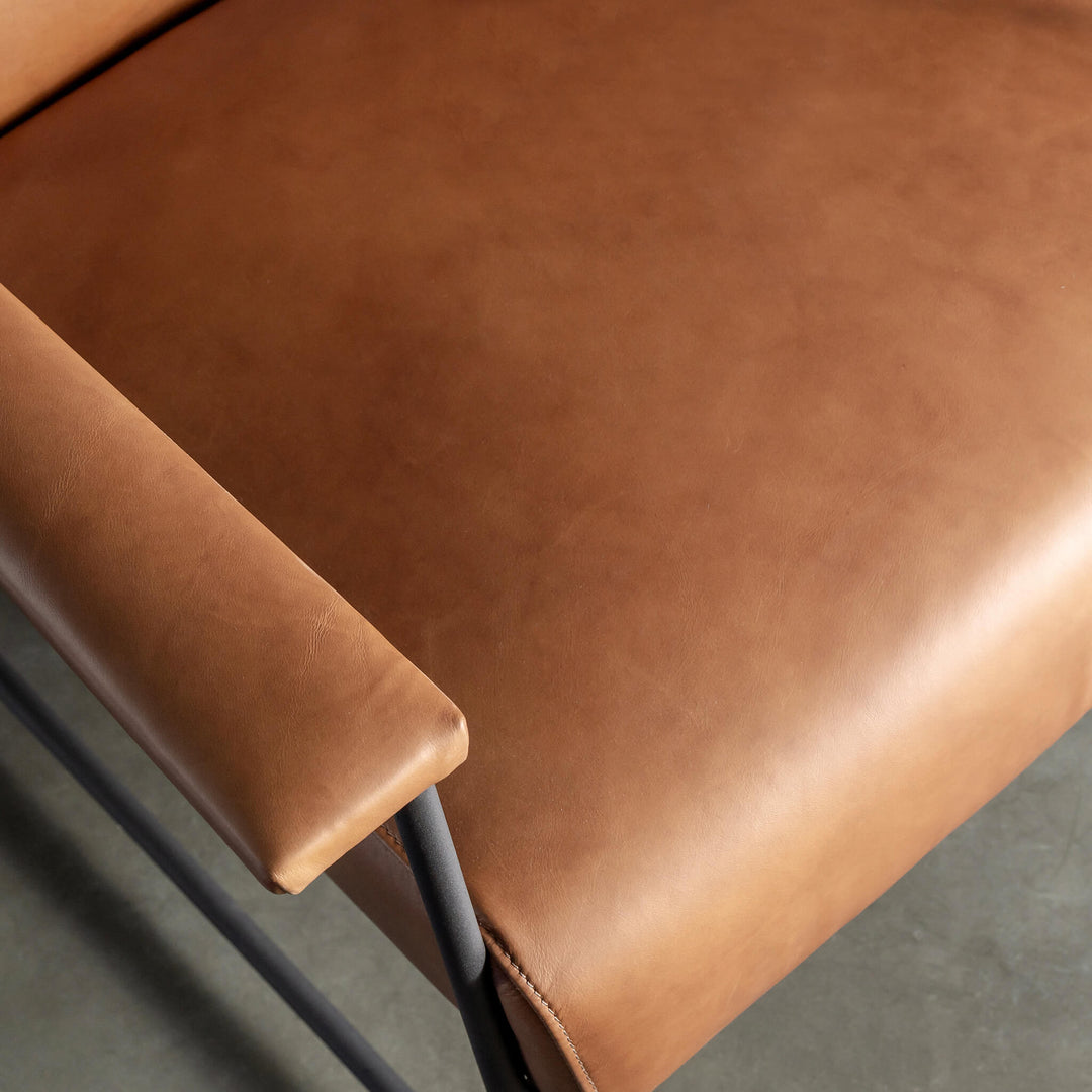 BRESSON LEATHER ARMCHAIR CLOSE UP  |  COGNAC LEATHER