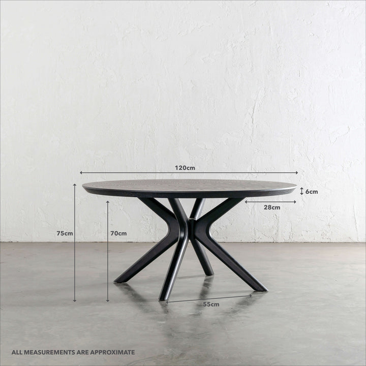 BRETON ROUND DINING TABLE  |  BLACK NOIR WOOD GRAIN |  120CM | MEASUREMENTS