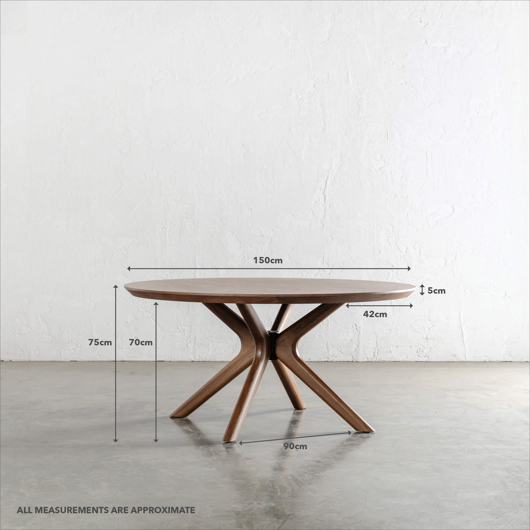 BRETON ROUND DINING TABLE  |  DEEP WALNUT WOOD GRAIN  |  150CM | MEASUREMENTS