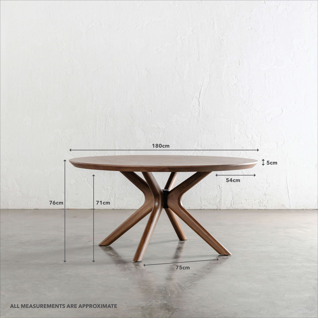 BRETON ROUND DINING TABLE  |  DEEP WALNUT WOOD GRAIN  |  180CM | MEASUREMENTS
