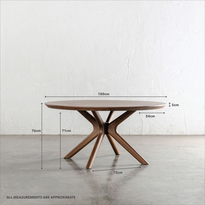 BRETON ROUND DINING TABLE  |  DEEP WALNUT WOOD GRAIN  |  180CM | MEASUREMENTS