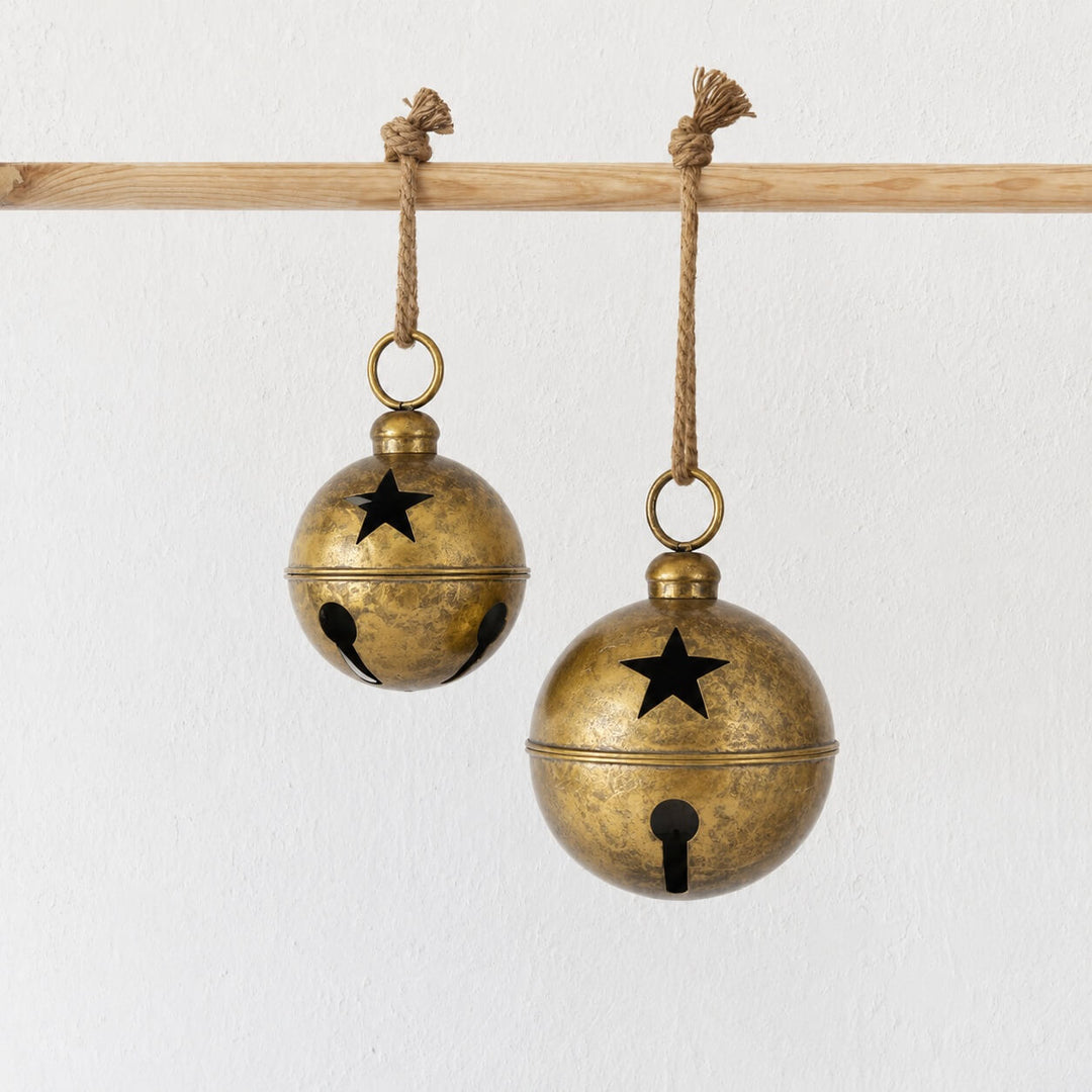 CHRISTMAS BELL BAUBLE BUNDLE X2  |  16CM + 20CM  |  ANTIQUE GOLD
