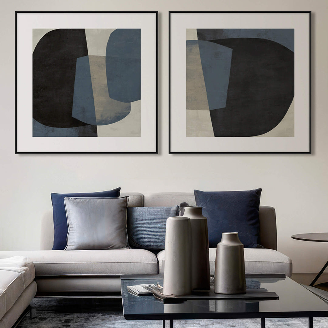 BELLANO FRAMED CANVAS PRINT |  SET OF 2  |  100 X 100CM  |  CHARCOAL + SLATE  |  BLACK FRAME