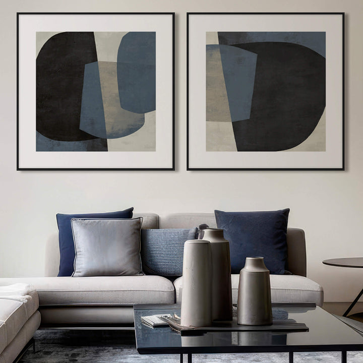BELLANO FRAMED CANVAS PRINT |  SET OF 2  |  100 X 100CM  |  CHARCOAL + SLATE  |  BLACK FRAME