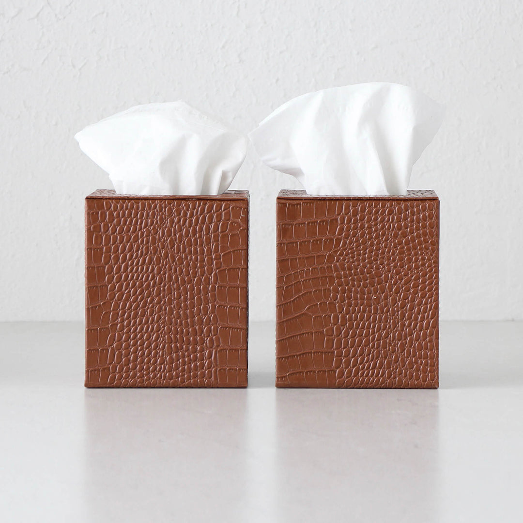 BOND CROCODILE SQUARE TISSUE BOX COVER  |  BUNDLE X2  |  TAN