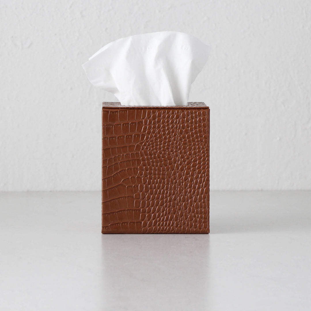 BOND CROCODILE SQUARE TISSUE BOX COVER  |  TAN