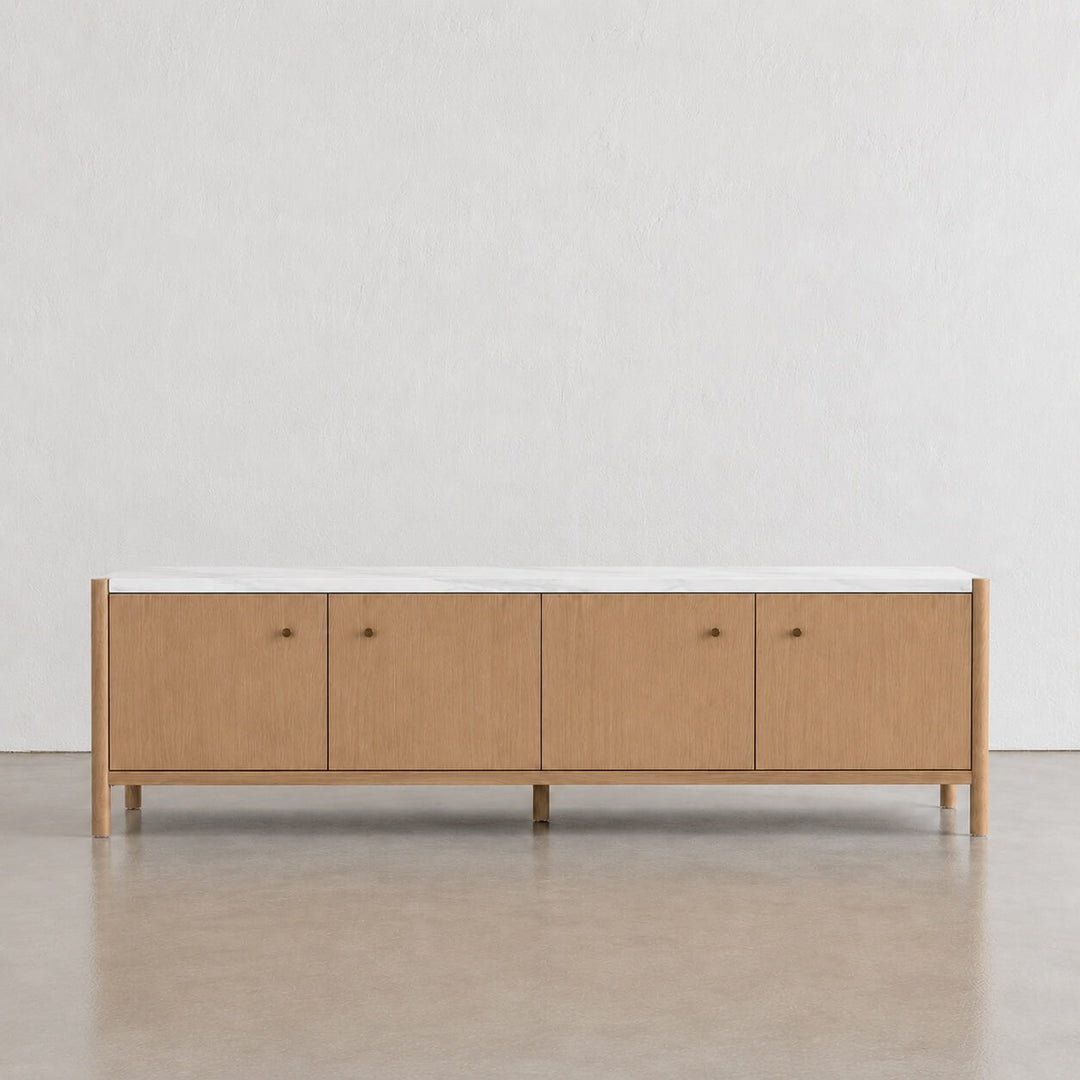 BRANZANO ENTERTAINMENT UNIT  |  BIRCH ASH WOOD GRAIN |  CARRARA WHITE CERAMIC TOP